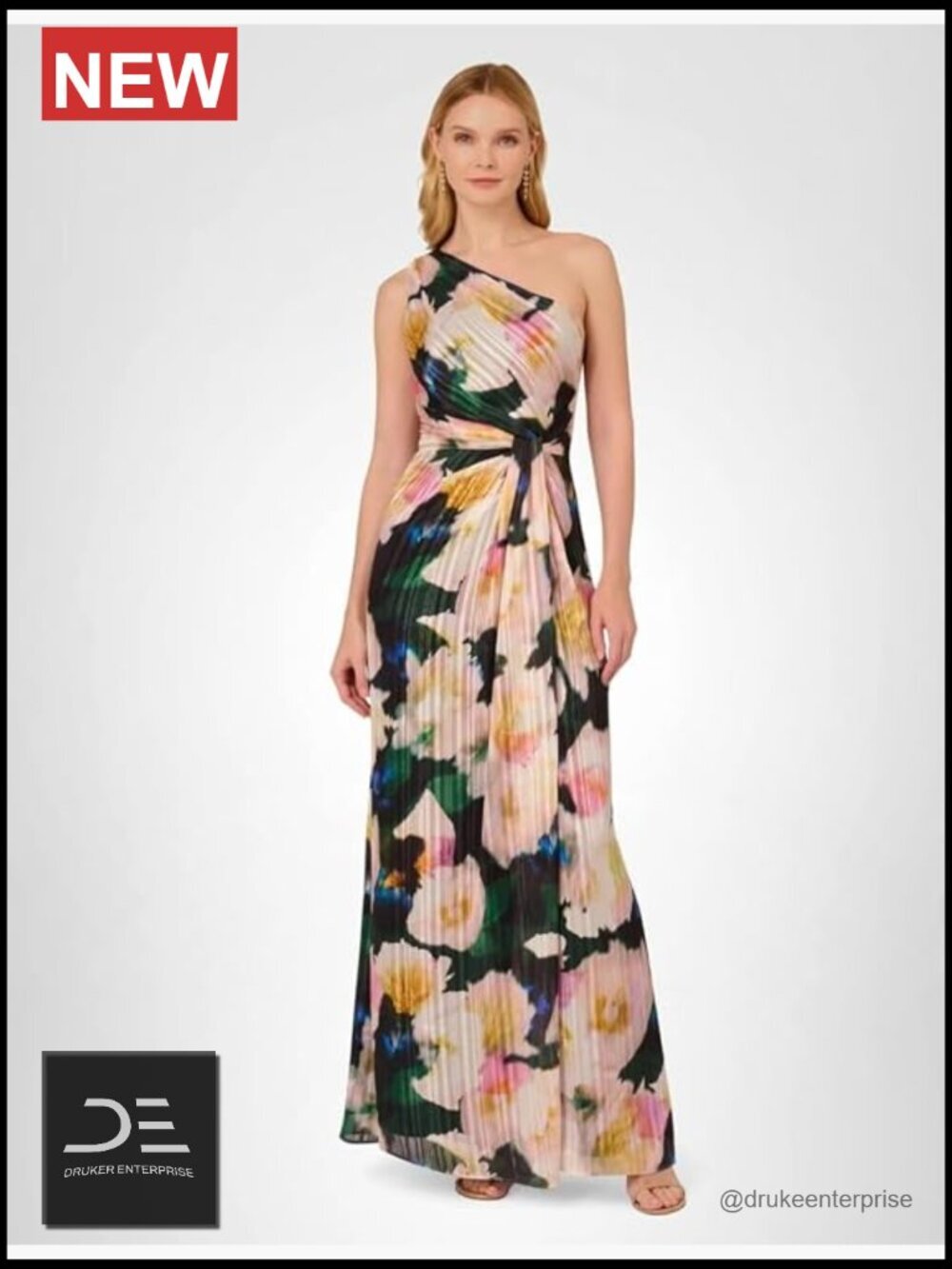 One Shoulder Chiffon Gown with Floral Print